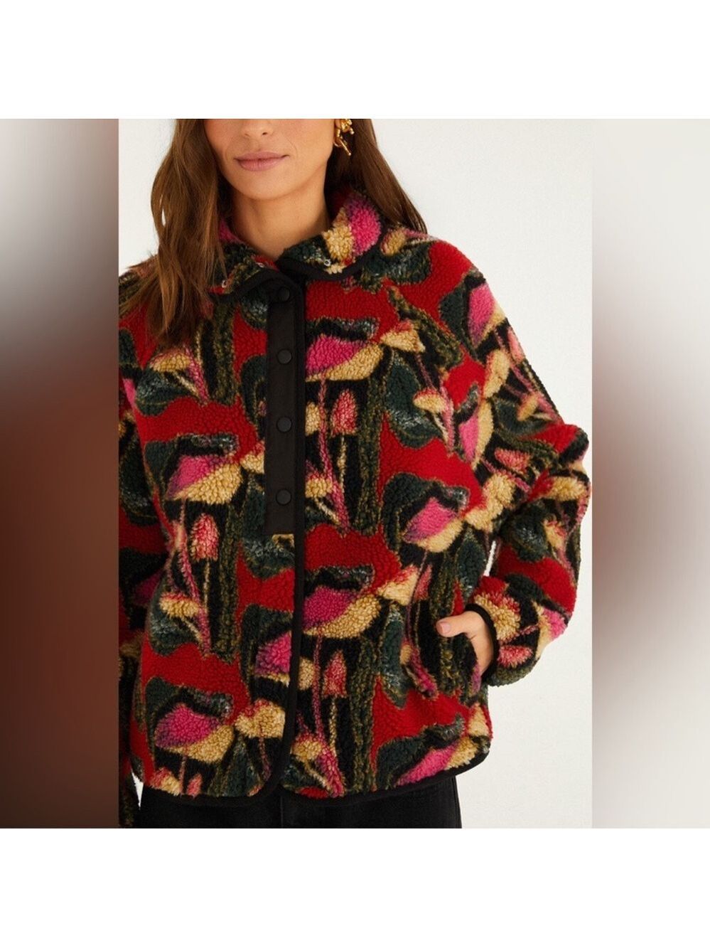 Farm Rio Black Wild Mushrooms Fleece Bomber Jacket - Picture 3 of 9